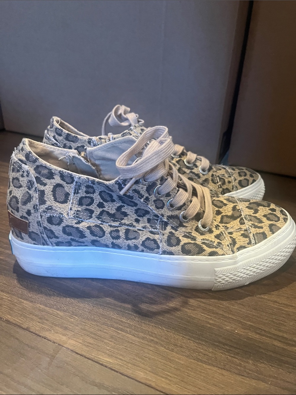 Leopard Print Canvas Lace-Up Sneakers in Tan